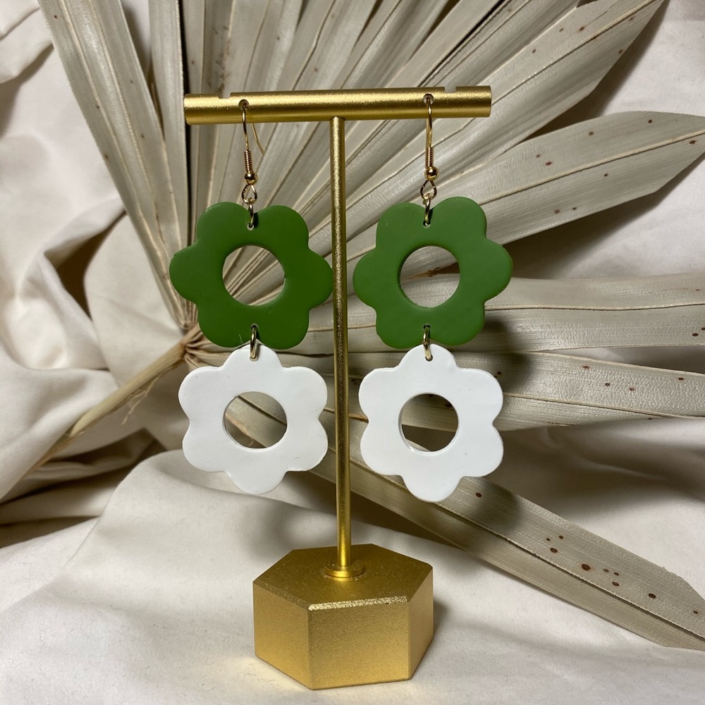 Green/White Floral Polymer Clay Earrings